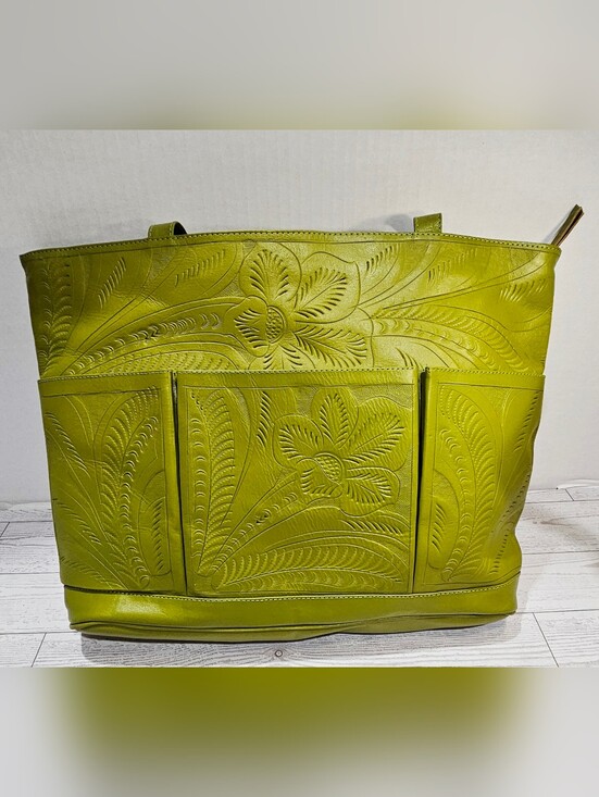 Handbags - Green Tooled Leather Tote Bag - Stylish Floral Design